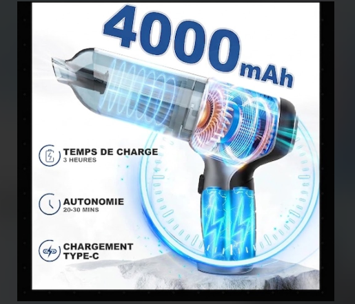 Aspirateur Sans Fil Portable 2-en-1 — Aspiration Puissante 95000PA pour Voiture & Maison