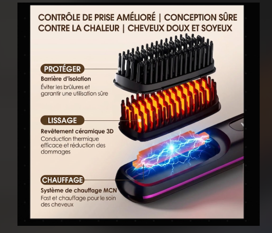 Brosse Lissante Chauffante LCD sans fil"