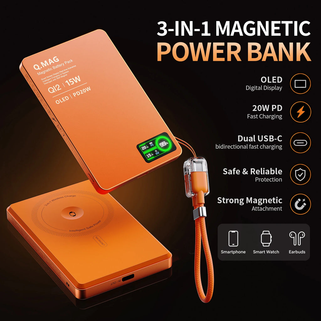 Batterie Externe Magnétique 3-en-1 avec Écran LCD